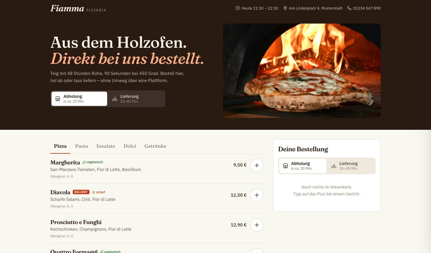 Demo Pizzeria Fiamma: Bestellsystem